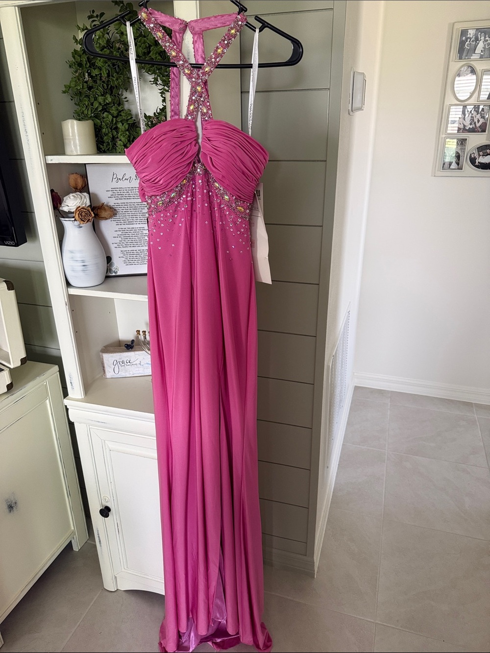 Precious Formals Hot Pink Beaded Halter Evening Gown